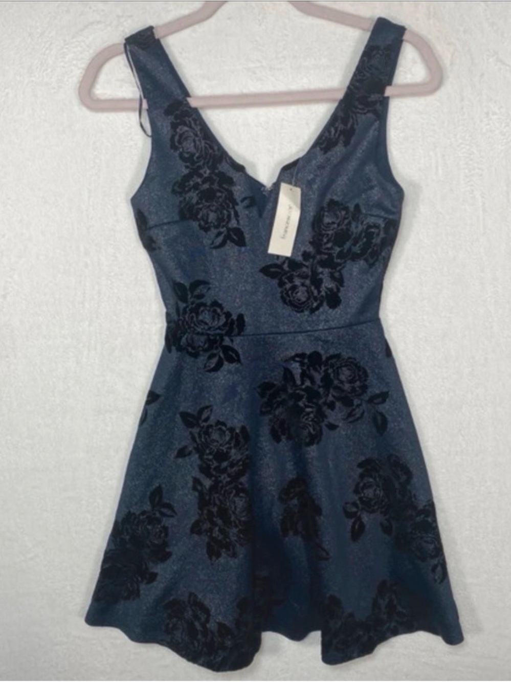 Mi Ami Blue Black Floral Velvet Flocked Glitter Skater Dress XXS NWT